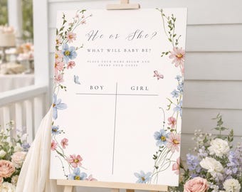 Floral Gender Voting Sign: Wildflower He or She Poster, Team Boy or Girl, Gender Reveal Party Game (Canva Template, Digital Download) GR-08