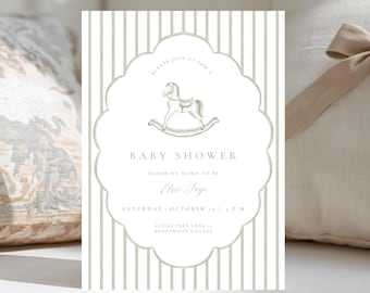 May include: A rectangular baby shower invitation card featuring a white background with vertical light gray stripes. A central scalloped frame contains a gray illustration of a rocking horse, with text reading: Please join us for a baby shower, honoring mama-to-be, Elsie Jaye, Saturday, October 16, 3 P.M., Little Fern Lane, Honeywood Village.