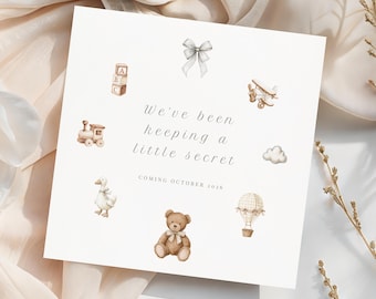 Teddy Schwangerschaftsankündigungskarte: Vintage Nursery Baby Reveal Printable, Keeping A Secret (bearbeitbare Canva-Vorlage, digitaler Download)
