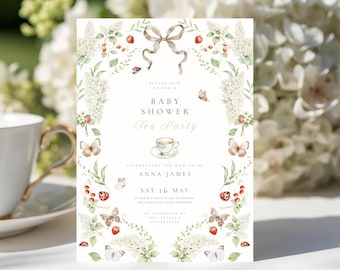 Baby Shower Tea Party Einladung: Blumen-Babyparty-Einladung, Garten-Frühlings-Baby-Bestreuung (bearbeitbare Canva-Vorlage, digitaler Download)