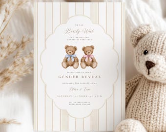 May include: A rectangular gender reveal invitation card featuring a beige and white vertical striped background. The center displays two brown teddy bears, one with a blue bow and one with a pink bow, above the text GENDER REVEAL and event details.