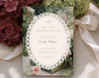 New Chapter Bridal Shower Invitation: Vintage Lace Bridal Invite, Fine Art Floral & Book Invitation (Editable Digital Canva Template)