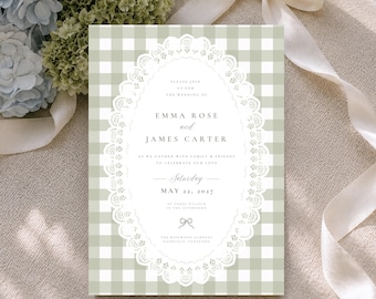 May include: A rectangular wedding invitation card featuring a sage green and white gingham pattern background. The center displays a white oval frame with a decorative lace-like border containing the text: Please join us for the wedding of Emma Rose and James Carter, Saturday May 22, 2027, at three o'clock in the afternoon, The Rosewood Gardens, Nashville, Tennessee.