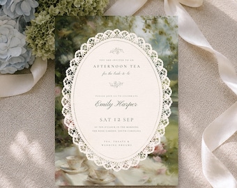 Tea Party Bridal Shower Invitation: Vintage Lace Bridal Invite, Fine Art Floral Card, Afternoon Tea Invite (Editable Digital Canva Template)