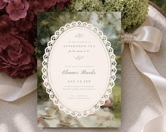 Tea Party Baby Shower Invitation: Vintage Lace Baby Party Invite, Fine Art Floral & Tea Invite (Canva Template, Digital Download)