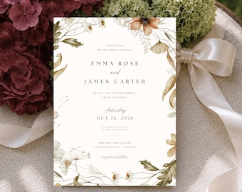 May include: A rectangular wedding invitation card with a white background, featuring a delicate watercolor floral border in shades of brown, tan, and muted green. The text reads: Together with their families, Emma Rose and James Carter, invite you to celebrate their wedding, Saturday, Oct 24, 2026, at three o'clock in the afternoon, The Willow Estate, Charlottesville, Virginia, reception to follow.