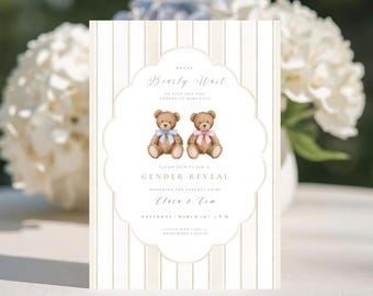 Teddybär Gender Reveal Einladung: Bären-Wartezeit Gender Reveal, Er oder Sie laden ein, Beige Gender Reveal (Canva-Vorlage, digitaler Download)