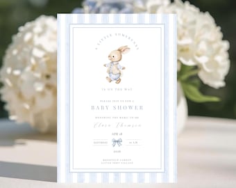 Kaninchen-Babyparty-Einladung: Blauer Junge-Babyparty-Einladung, ein kleiner Somebunny-Baby-Sprinkle (bearbeitbare Canva-Vorlage, digitaler Download) BS-02