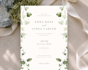 May include: A white rectangular wedding invitation card featuring green watercolor botanical illustrations of vines and leaves along the sides. The text reads: Together with their families, Emma Rose and James Carter, invite you to celebrate their wedding, Saturday, Oct 24, 2026, at three o'clock in the afternoon, The Willow Estate, Charlottesville, Virginia, reception to follow.