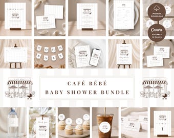 May include: A Cafe Bebe baby shower stationery bundle featuring a cafe illustration with striped awnings. Includes signs, cards, tags, banners, and labels with white and light gray stripes. Text includes Cafe Bebe Baby Shower Bundle.