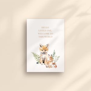 Tarjeta digital de felicitación de nacimiento / Tarjeta de bebé de zorro y conejito del bosque / Imprimible y en formato móvil / Descarga instantánea / Animales del bosque