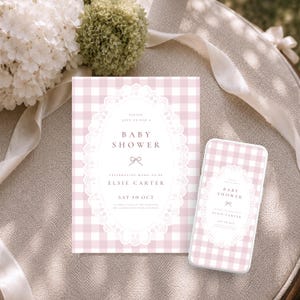 May include: A rectangular baby shower invitation and a matching smartphone screen display, both featuring a light pink and white gingham pattern with a central white oval frame decorated with lace-like edges and text reading Baby Shower.