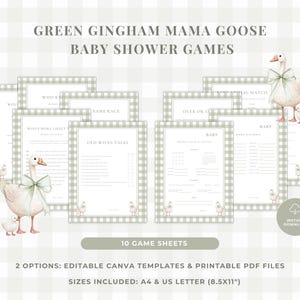 Könnte beinhalten: Babyparty-Spielbögen im grünen Gingham-Design mit dem Thema Mama Goose. Die Bögen enthalten Spiele wie "Wer kennt Mama am besten?" und "Namensrennen". Das Design zeigt Illustrationen von Gänsen und einen Gingham-Rand. Der Text lautet "Green Gingham Mama Goose Baby Shower Games."
