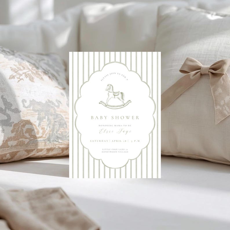 May include: Baby shower invitation featuring a rocking horse illustration. The invitation has a scalloped border and a striped background. The text reads "Baby Shower" and includes the honoree's name, date, and time.