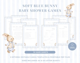 Weiches blaues Häschen-Babyparty-Spiele: Vintage Häschen-Party-Aktivitäten (digitaler Download) BS-02