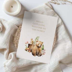 Tarjeta digital de felicitación de nacimiento / Tarjeta de osito y ardilla del bosque / Imprimible y en formato móvil / Descarga instantánea / Animales del bosque