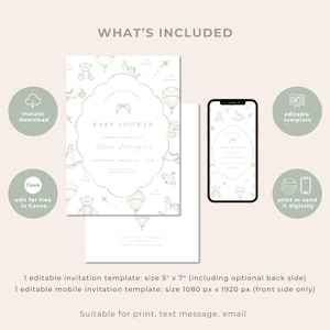 May include: Baby shower invitation template in soft green and white. The design includes toy illustrations and the text "Baby Shower". Includes a mobile template and Canva editing options. The invitation is 12.7 cm x 17.8 cm.