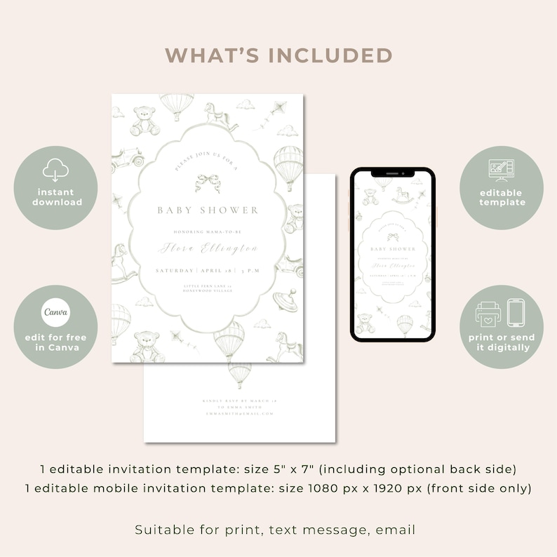 May include: Baby shower invitation template in soft green and white. The design includes toy illustrations and the text "Baby Shower". Includes a mobile template and Canva editing options. The invitation is 12.7 cm x 17.8 cm.