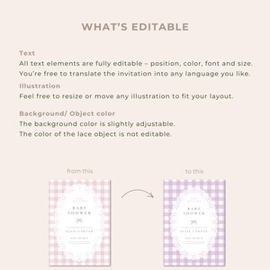 May include: A digital template guide titled WHAT'S EDITABLE with instructions on modifying text, illustrations, and background colors. It displays two baby shower invitation examples featuring a gingham pattern and a white lace oval frame.