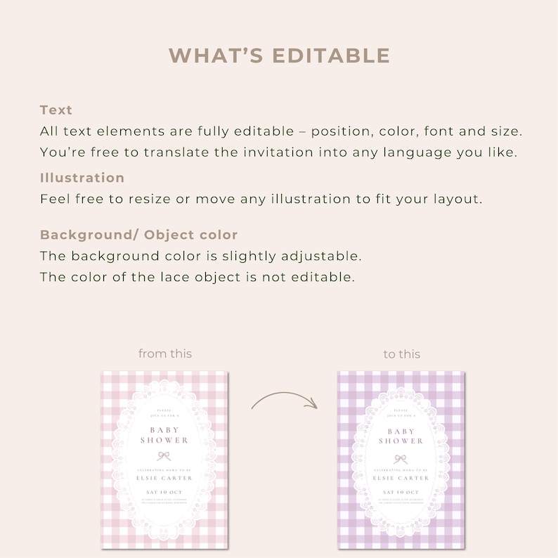 May include: A digital template guide titled WHAT'S EDITABLE with instructions on modifying text, illustrations, and background colors. It displays two baby shower invitation examples featuring a gingham pattern and a white lace oval frame.