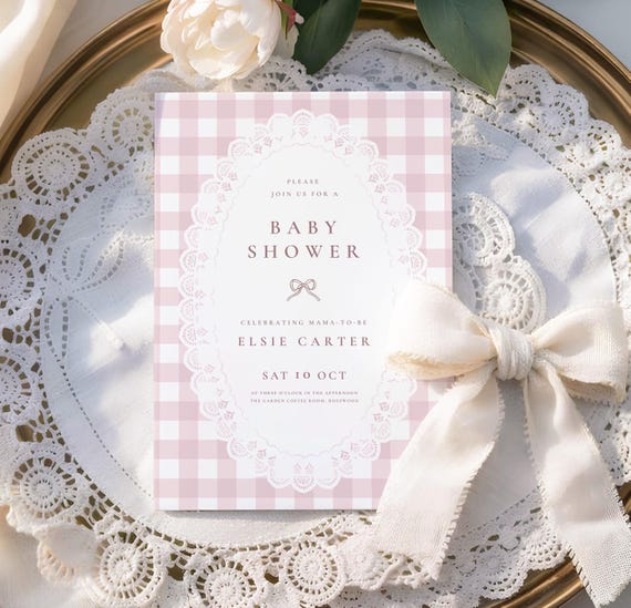 Pink Gingham Baby Shower Invitation: Lace Gingham Baby Party Invite, Pink Baby Sprinkle (Canva Template, Digital Download) BS-16