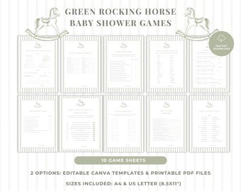 May include: A set of ten printable baby shower game sheets featuring a green rocking horse illustration and striped border. The text reads GREEN ROCKING HORSE BABY SHOWER GAMES, 10 GAME SHEETS, 2 OPTIONS: EDITABLE CANVA TEMPLATES & PRINTABLE PDF FILES, SIZES INCLUDED: A4 & US LETTER (8.5X11").