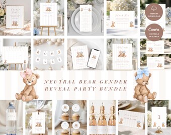 性別発表パーティー用ニュートラルベアセット：ベージュのテディベアベビーパーティー、ベージュのベビーシャワー（編集可能なCanvaテンプレート、デジタルダウンロード）GR-05