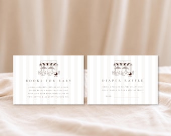 May include: Two rectangular white cards with light gray vertical stripes. Each card features a brown line drawing of a cafe storefront and text. The left card reads BOOKS FOR BABY and instructions. The right card reads DIAPER RAFFLE and a name line.