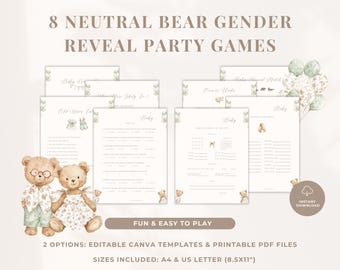 Gender Reveal Games Printable: Teddy Bear Baby Shower Activity, Neutral Baby Party Games (Editable Canva Template, Digital Download) GR-01