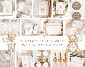Timeless Bear Gender Reveal Party Bundle: Neutrales Teddyballon Gender Reveal Party Set (bearbeitbare Canva-Vorlagen, digitale Downloads) GR-01