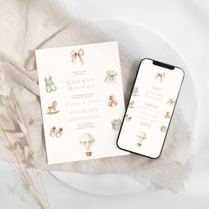 May include: A gender reveal invitation and a smartphone displaying the same design. The invitation and phone screen feature watercolor illustrations of baby-related items and the text "Gender Reveal" with the names "Daisy & Theo".