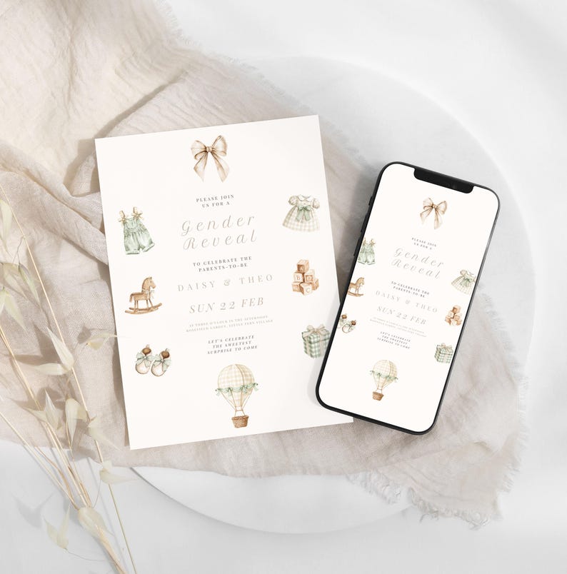 May include: A gender reveal invitation and a smartphone displaying the same design. The invitation and phone screen feature watercolor illustrations of baby-related items and the text "Gender Reveal" with the names "Daisy & Theo".