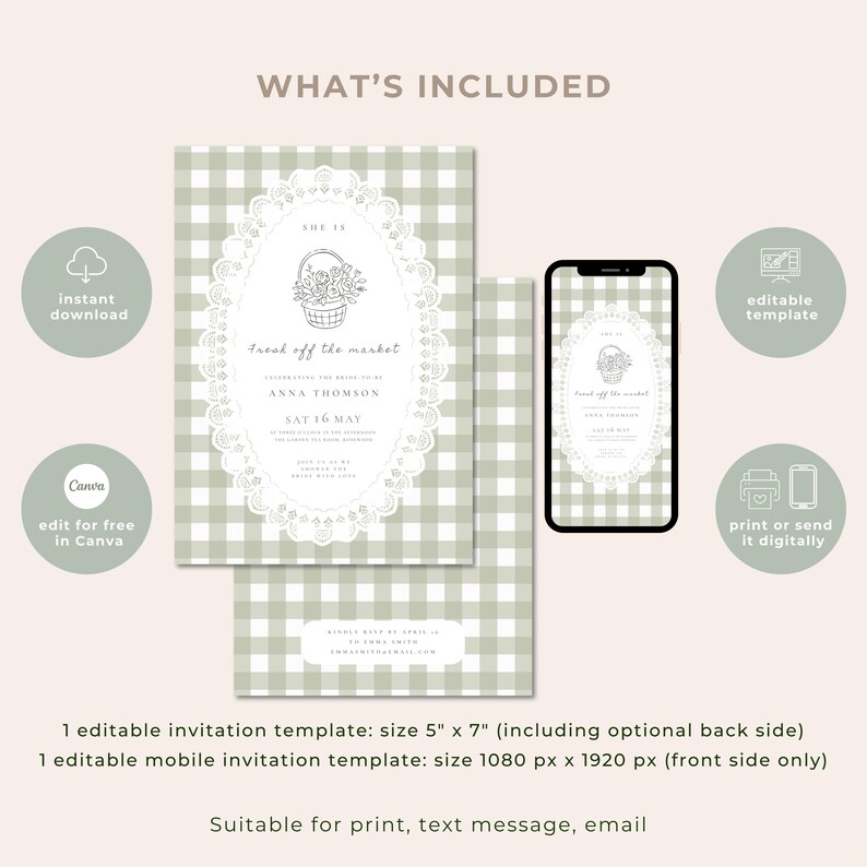 May include: A digital invitation template with a green and white gingham pattern. The invitation features a floral basket design and the text "Freak off the market". Includes a mobile invitation template and is suitable for print, text message, and email.