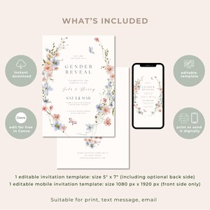 Floral Gender Reveal Invitation: Wildflower Gender Reveal Invite, Spring Garden Baby Party (Canva Template, Digital Download) GR-08 image 2