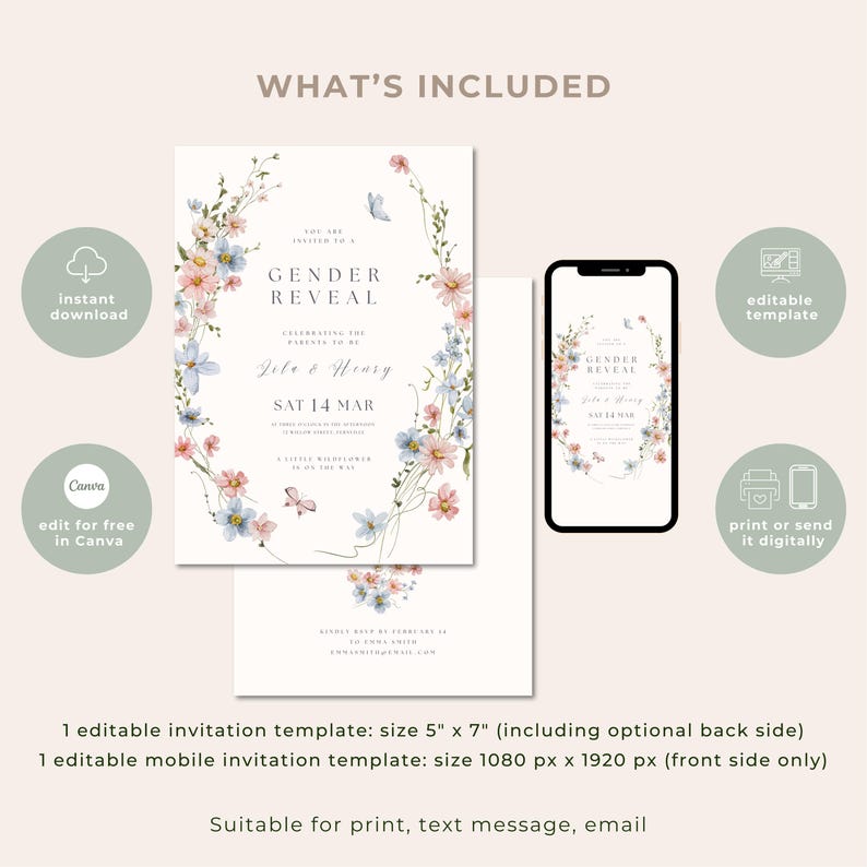Floral Gender Reveal Invitation: Wildflower Gender Reveal Invite, Spring Garden Baby Party (Canva Template, Digital Download) GR-08 image 2