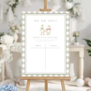 May include: A gender reveal sign on a wooden easel. The sign has a white background with a green and white checkered border. The text reads "HE OR SHE?" and "WHAT WILL BABY BE?" with spaces for "BOY" and "GIRL" guesses.