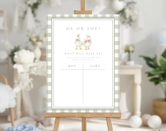 Grünes Gingham-Gans-Gender-Offenbarungszeichen: Raten Sie das Geschlechtsposter, er oder sie erraten Sie Poster (bearbeitbare Canva-Vorlage, digitaler Download) GR-04