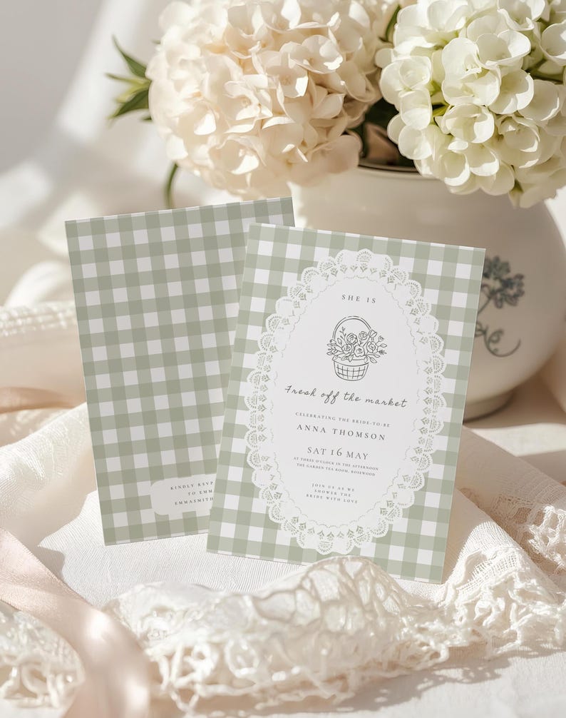Green Gingham Bridal Shower Invitation: Fresh Off The Market Bridal Invite, Farmers Market Bridal Party (Digital Canva Template) BR-01 image 4