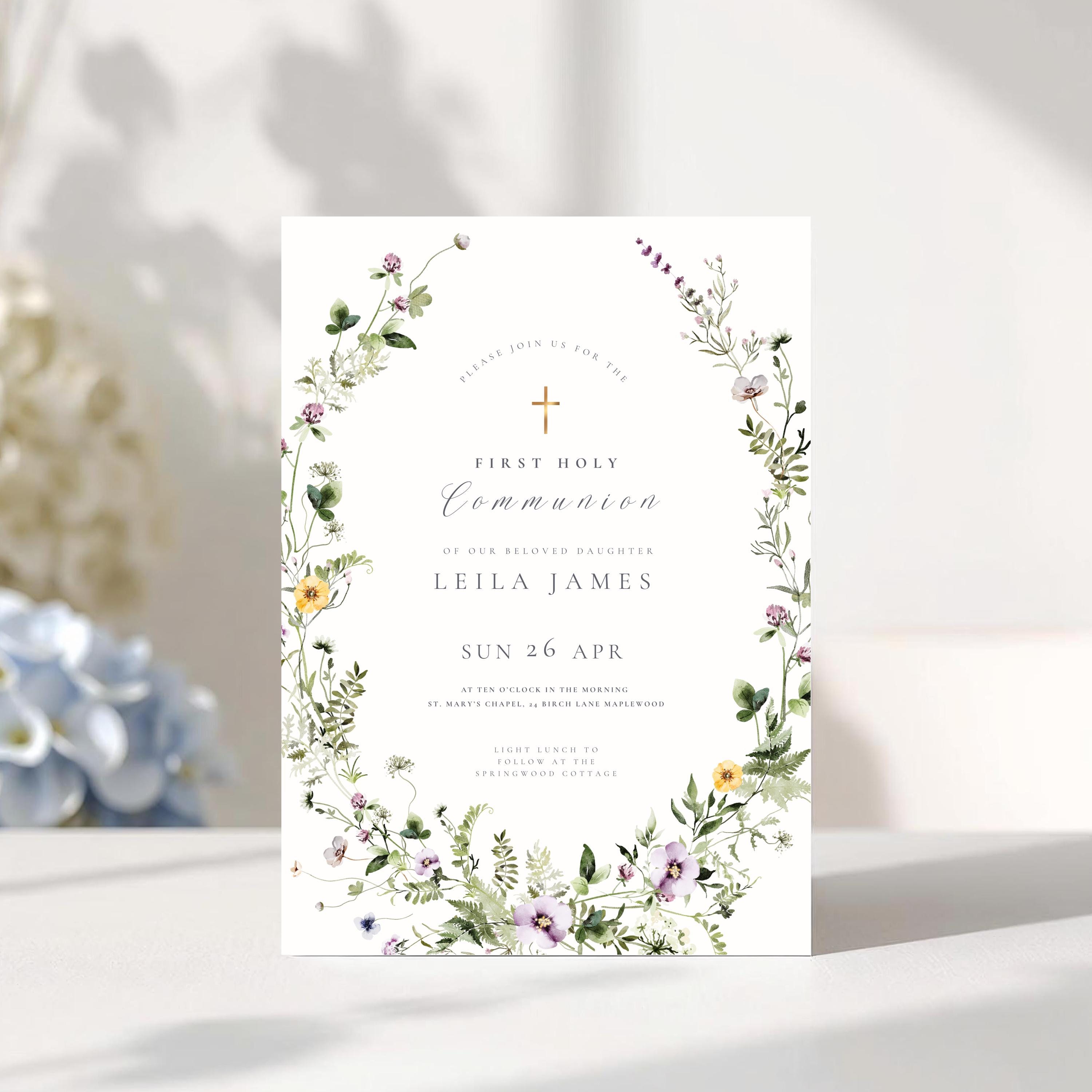 Wildflower First Holy Communion Invitation: Floral Communion Invite ...