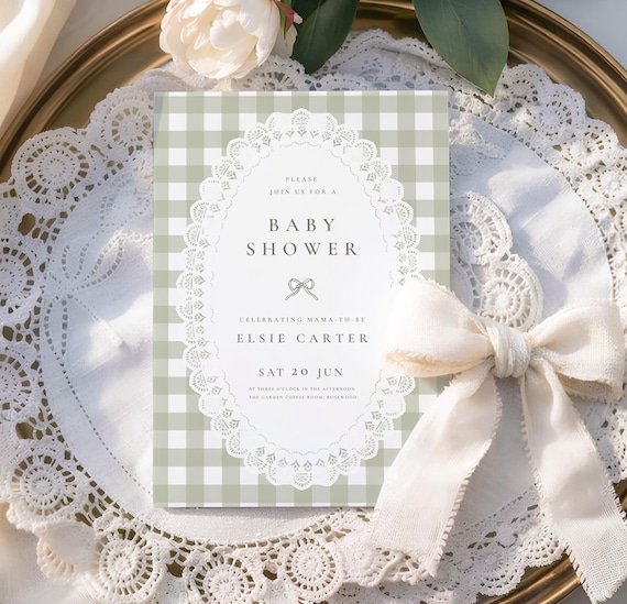 Green Gingham Baby Shower Invitation: Lace Gingham Baby Party Invite, Neutral Baby Sprinkle (Canva Template, Digital Download) BS-09