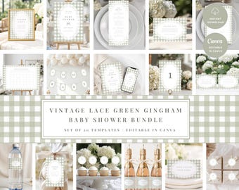 May include: A collection of twenty baby shower stationery templates featuring a sage green and white gingham pattern with white lace-style oval borders. The set includes signs, menus, thank you cards, labels, tags, and banners, all editable in Canva.