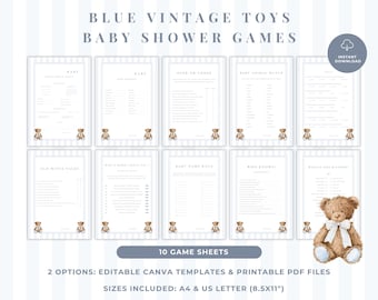 May include: Ten baby shower game sheets featuring blue vintage toy illustrations and teddy bear accents. The text includes titles like Baby Predictions, Baby Animal Match, and Old Wives Tales. Includes editable templates and printable PDF files in A4 and 8.5x11 inch sizes.