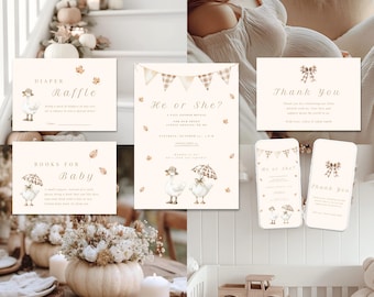 Fall Goose Gender Reveal Bundle: Invitation, Thank You, Diaper Raffle (Canva Templates, Digital Download)