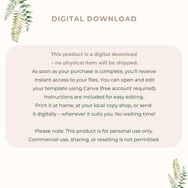 May include: A digital download product announcement with the text "DIGITAL DOWNLOAD". The text explains the product is a digital download, with no physical item shipped. Instructions for use are included.