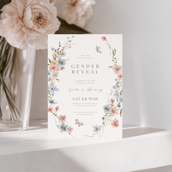 Floral Gender Reveal Invitation: Wildflower Gender Reveal Invite, Spring Garden Baby Party (Canva Template, Digital Download) GR-08