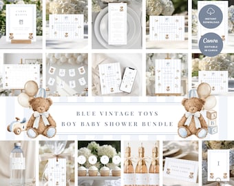 May include: A collection of baby shower decorations with a blue and white striped theme. The bundle includes signs, invitations, and labels, all featuring teddy bear illustrations. The text "Blue Vintage Toys Boy Baby Shower Bundle" is displayed.