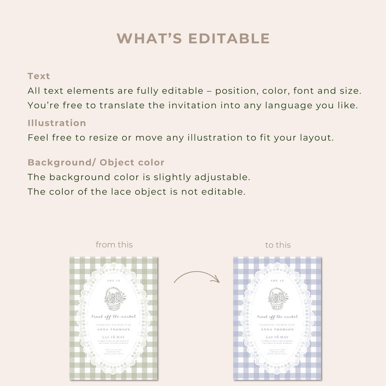 May include: An image showcasing editable invitation templates. The text reads "WHAT'S EDITABLE" and details the customization options for text, illustrations, and background color. Two invitation designs are shown, one in green and the other in blue.