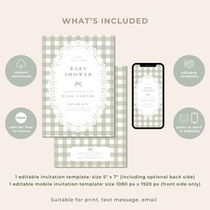 Puede incluir: Plantilla de invitaci&oacute;n para baby shower con un patr&oacute;n de cuadros verdes y blancos. La invitaci&oacute;n incluye el texto "Baby Shower" y los detalles del evento de Elsie Carter. Incluye una plantilla de invitaci&oacute;n m&oacute;vil.