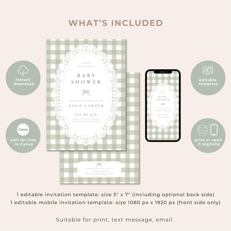 Puede incluir: Plantilla de invitaci&oacute;n para baby shower con un patr&oacute;n de cuadros verdes y blancos. La invitaci&oacute;n incluye el texto "Baby Shower" y los detalles del evento de Elsie Carter. Incluye una plantilla de invitaci&oacute;n m&oacute;vil.