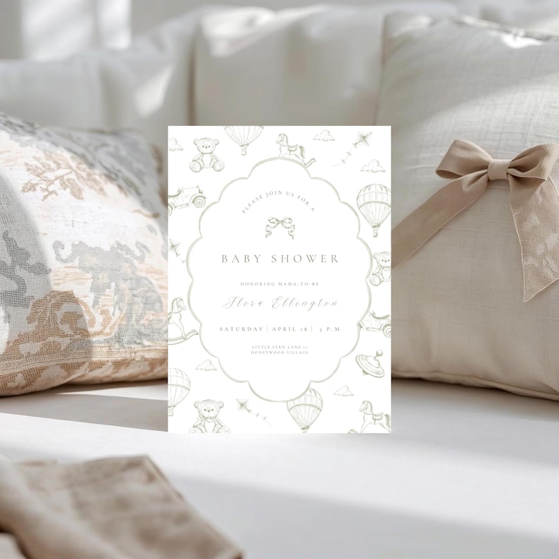 May include: A baby shower invitation in a soft, neutral colour scheme, with a scalloped border. The design incorporates illustrations of teddy bears, hot air balloons, and rocking horses. The text reads "Baby Shower" and event details.